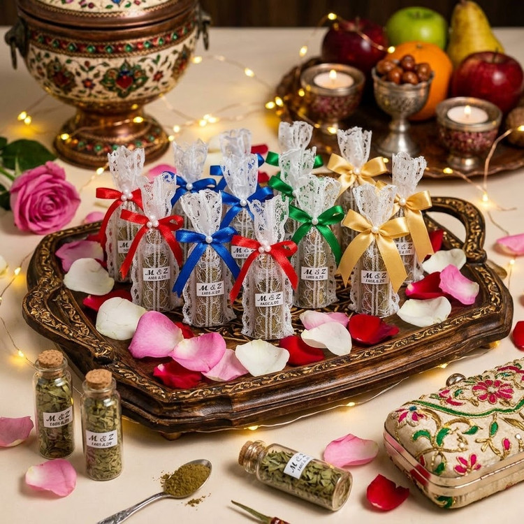 گیفت شیشه حنا کوچک با کاور گیپور سفید، روبان قرمز، مروارید