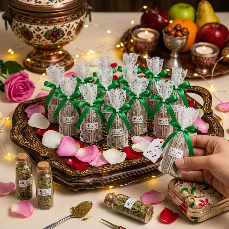 گیفت شیشه حنا کوچک با کاور گیپور سفید، روبان قرمز، مروارید